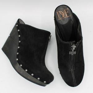 DVF Diane Von Furstenberg Black Suede Mules Wedges